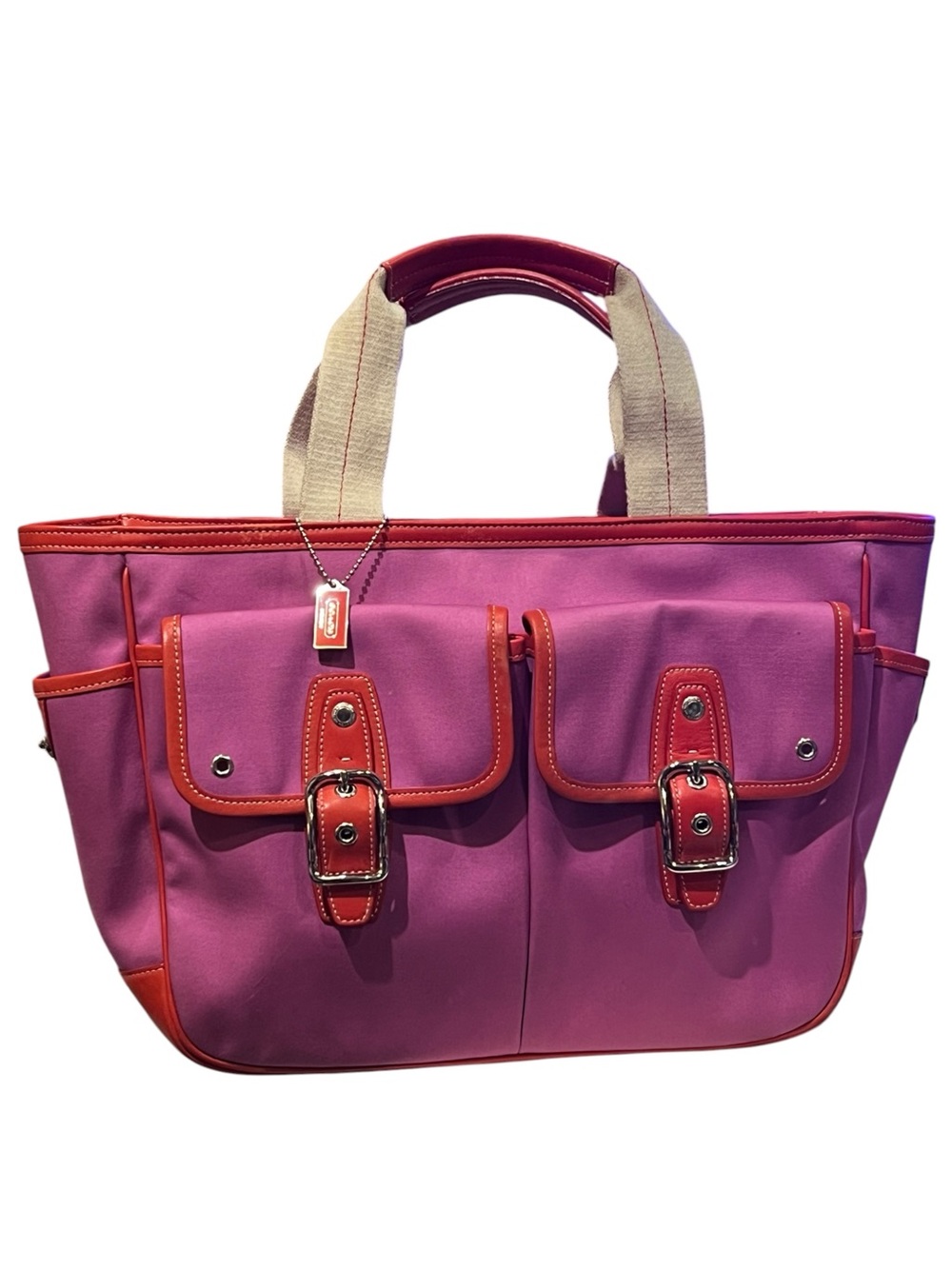 Vintage Coach Twill Garden Tote featuring a fuchsia/pink canvas orange trim